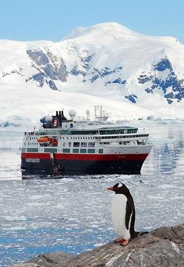 This may contain: a penguin sitting on top of a rock next to a large boat in the water