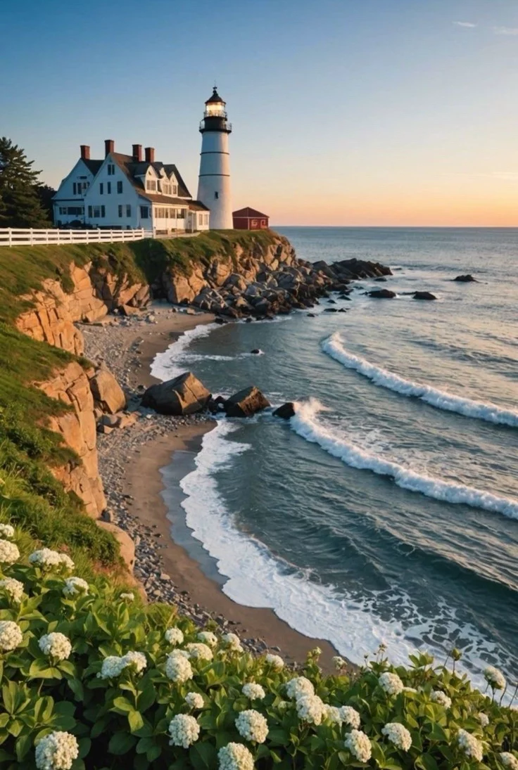 This may contain: a lighthouse on the edge of a cliff next to the ocean with white flowers in front of it