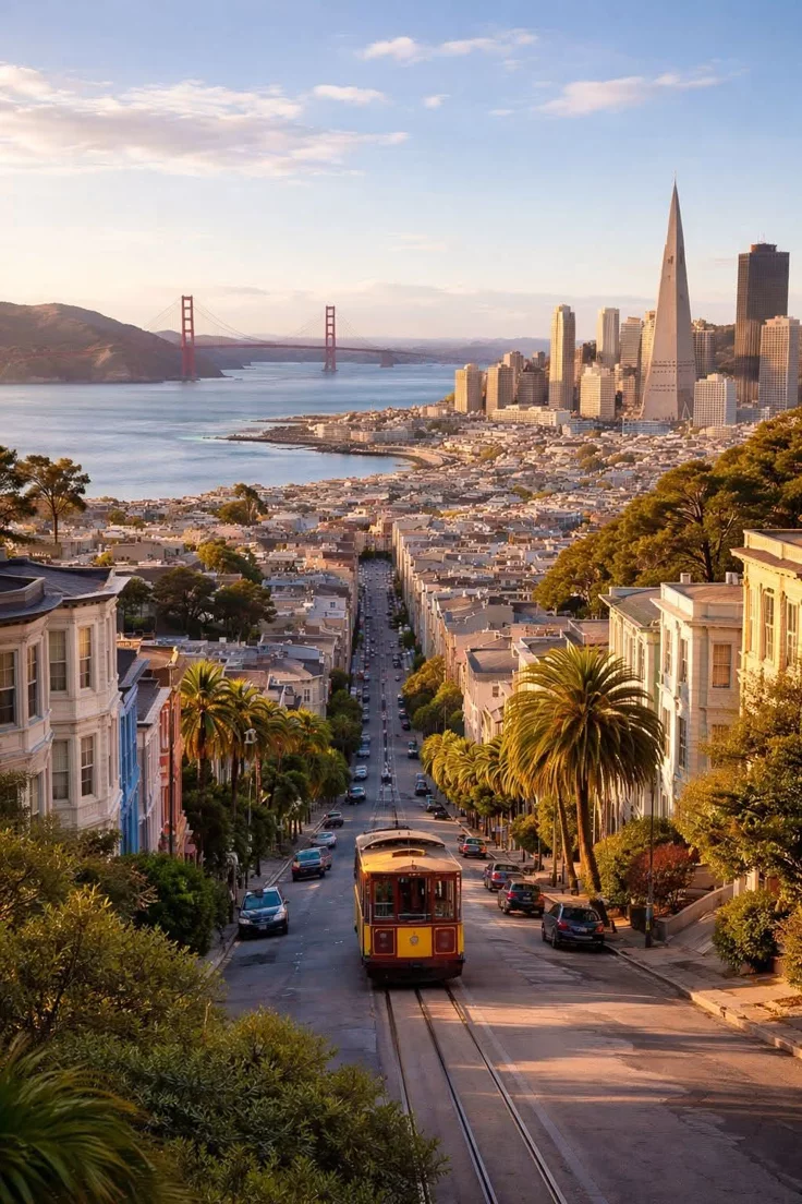 This may contain: an aerial view of san francisco with the golden gate bridge in the distance and trolley cars on the road