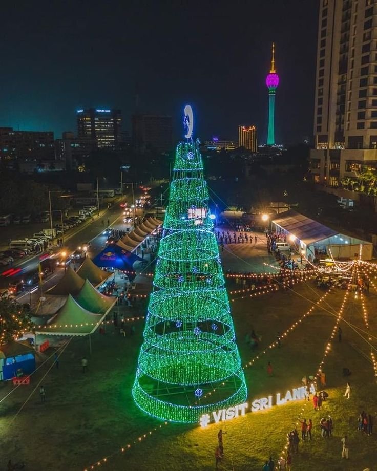 This may contain: a large christmas tree is lit up in the middle of a field with people around it