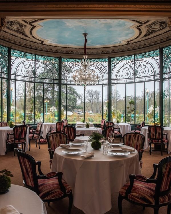 This may contain: a dining room with tables and chairs in front of a large glass window that overlooks a garden