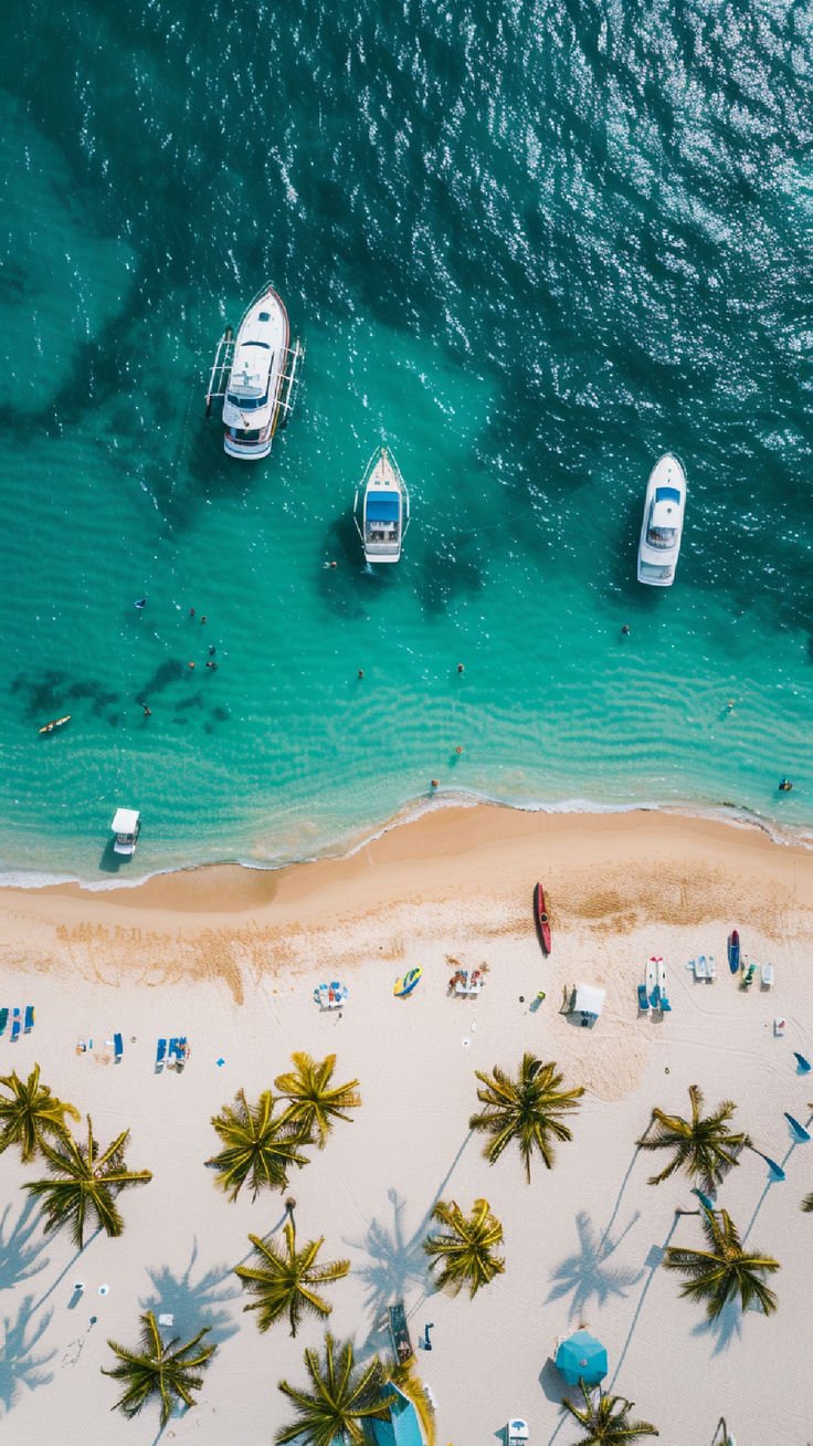This contains: An aerial view of a pristine beach with turquoise waters, several boats anchored near the shore, and people swimming and sunbathing. Palm trees cast shadows on the white sand, creating a picturesque tropical scene.