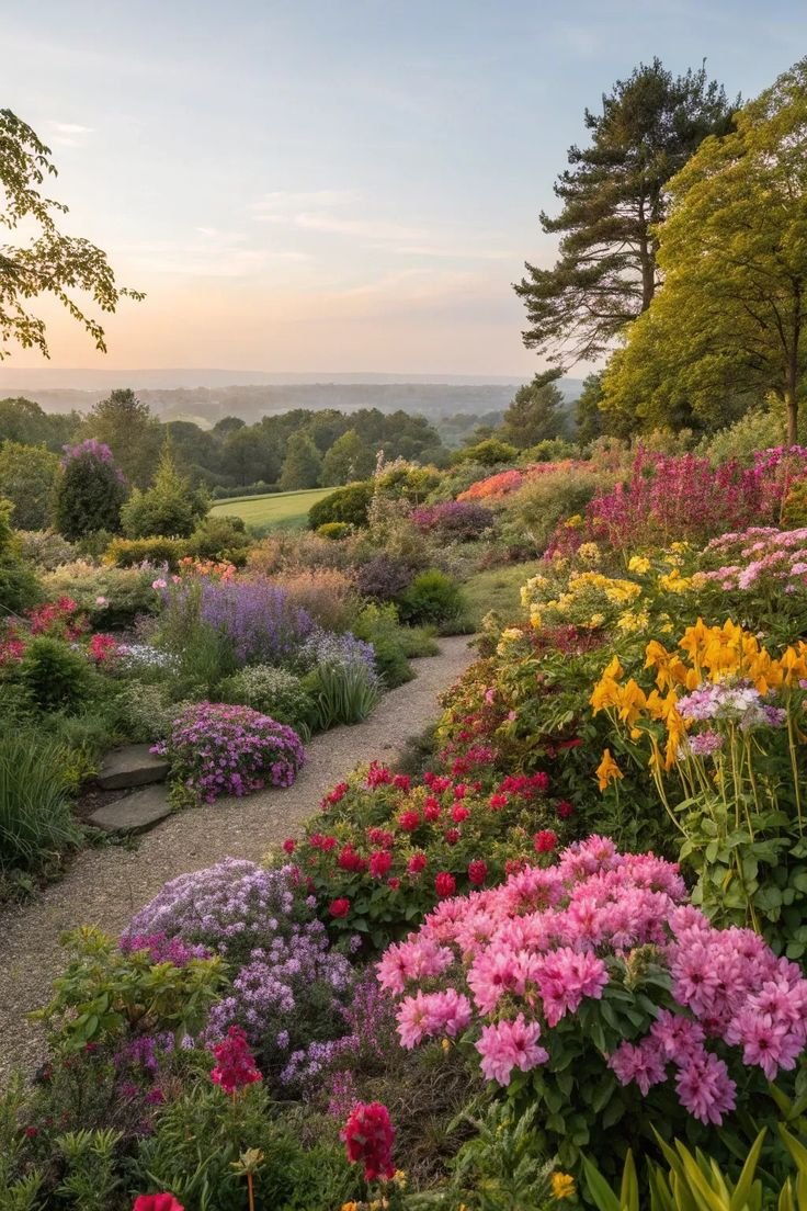 This may contain: a garden filled with lots of flowers next to a lush green hillside covered in trees