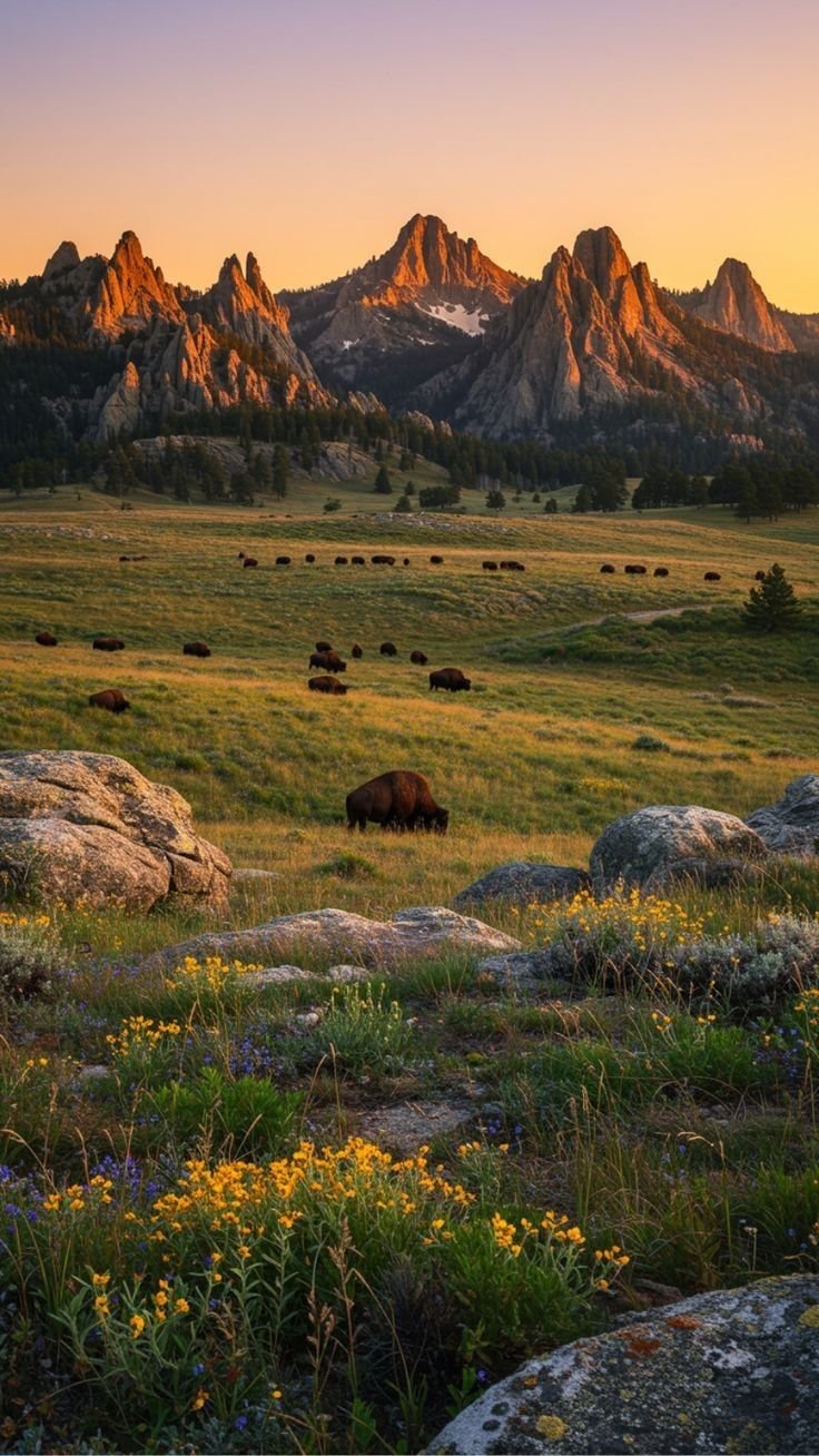 This may contain: a herd of bison grazing on grass in front of some mountains at sunset with yellow wildflowers