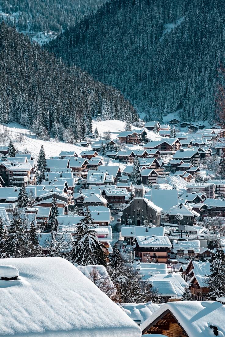 This may contain: a snowy town with lots of houses and mountains in the background is covered by snow