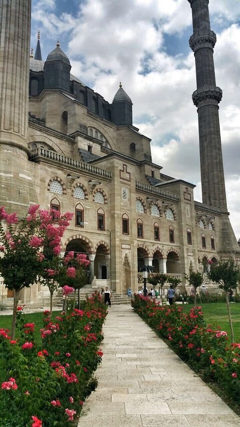 This may contain: a large building with two towers and flowers in the foreground