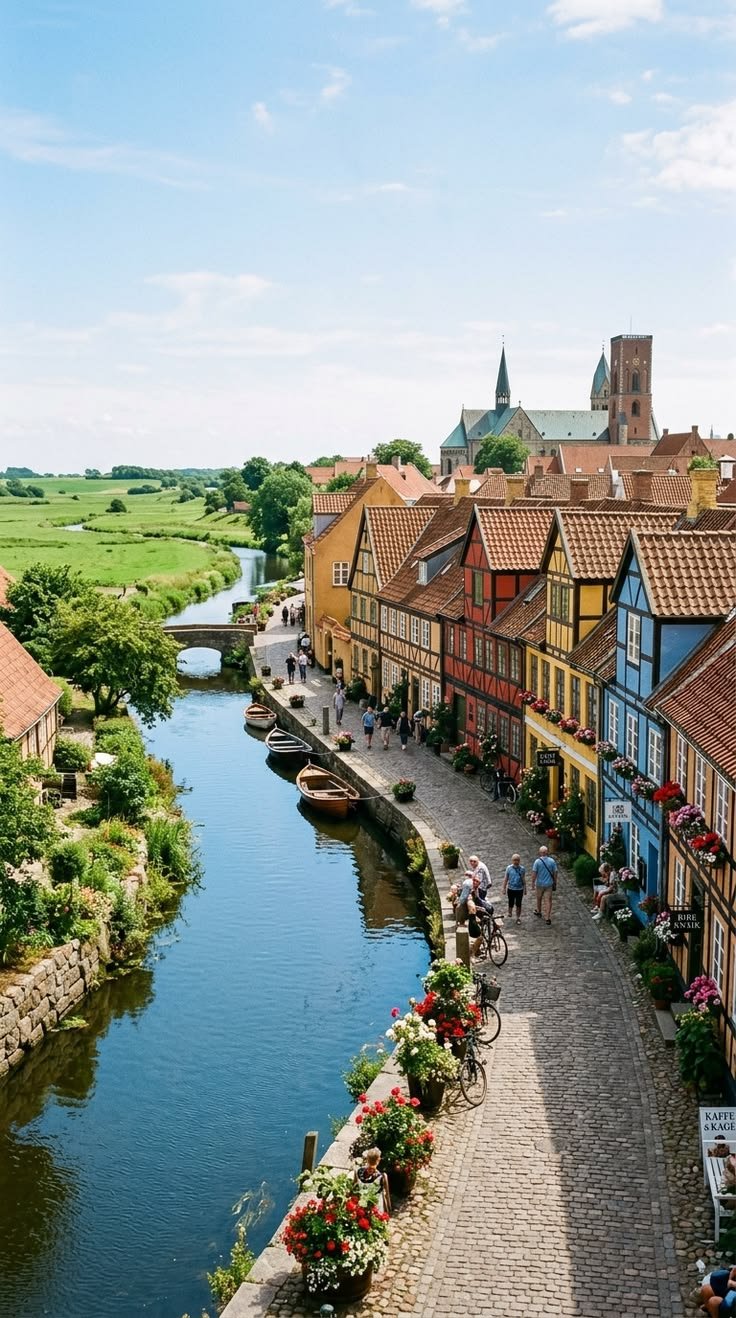 This may contain: people are walking along the river in an old european town with colorful buildings and cobblestone streets