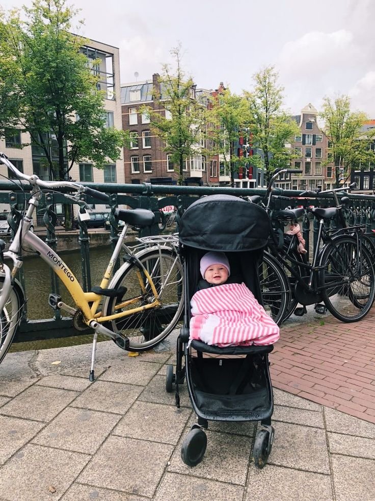This may contain: a baby in a stroller next to bicycles on a bridge over a canal with buildings behind it