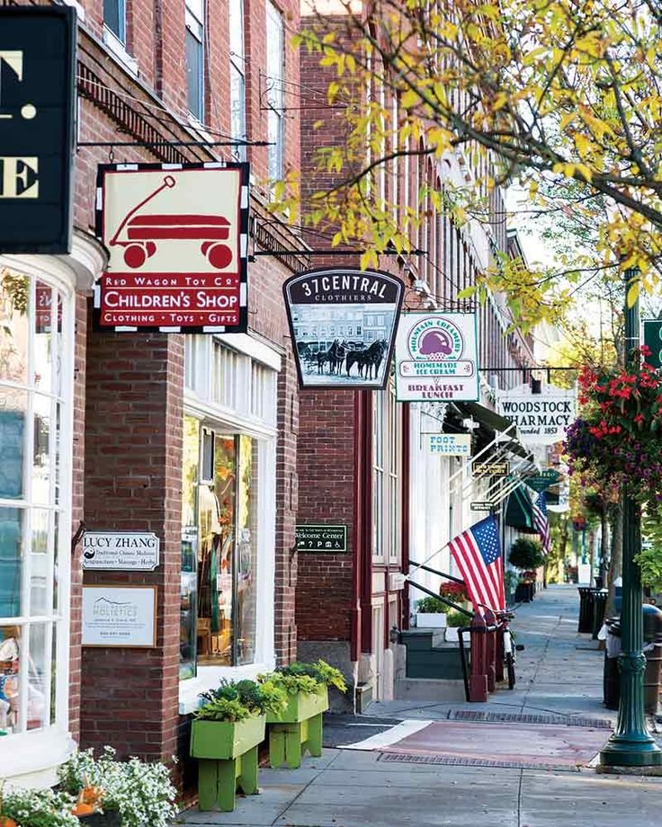 This may contain: the street is lined with shops and stores on both sides, along with flowers in green planters
