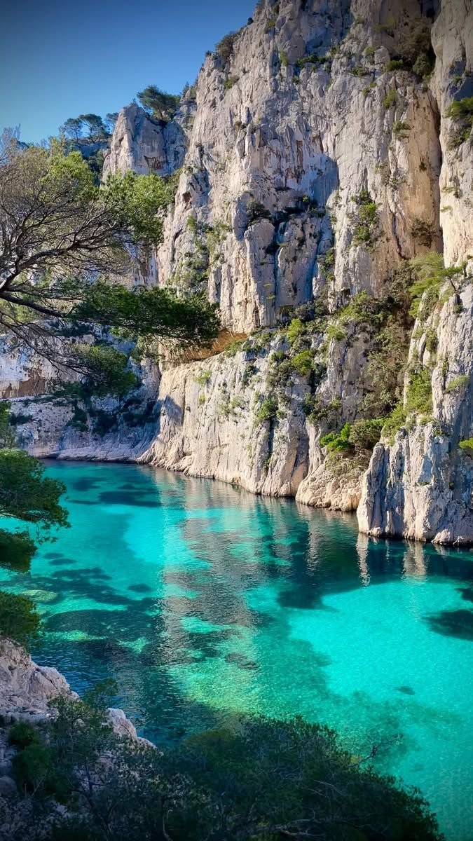 This may contain: the water is crystal blue and clear in this area with rocks on both sides, and trees growing out of it