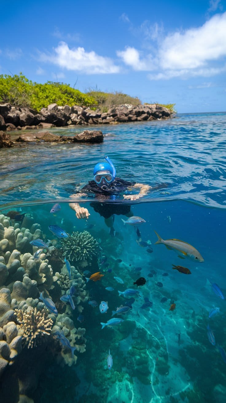 This may contain: a person swimming in the ocean with lots of corals and small fish around them
