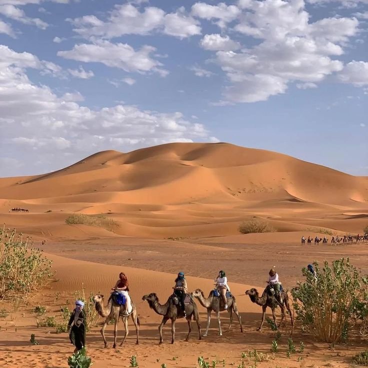 This may contain: people riding camels in the desert on a sunny day with blue sky and white clouds