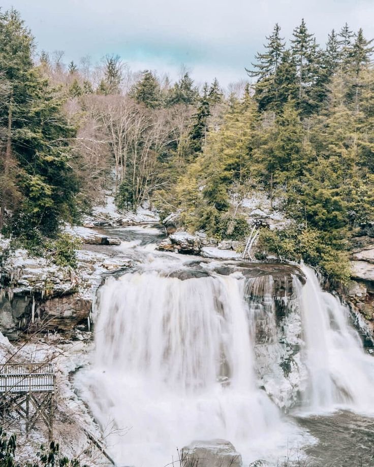 This may contain: a large waterfall surrounded by trees and snow
