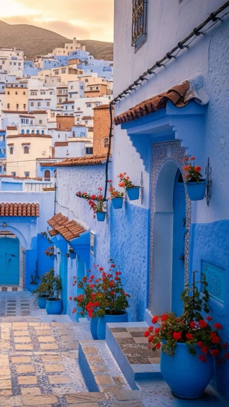 This may contain: an alley way with blue buildings and potted flowers on the steps leading up to it