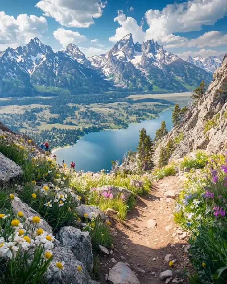 This may contain: a trail leading to the top of a mountain with wildflowers and mountains in the background