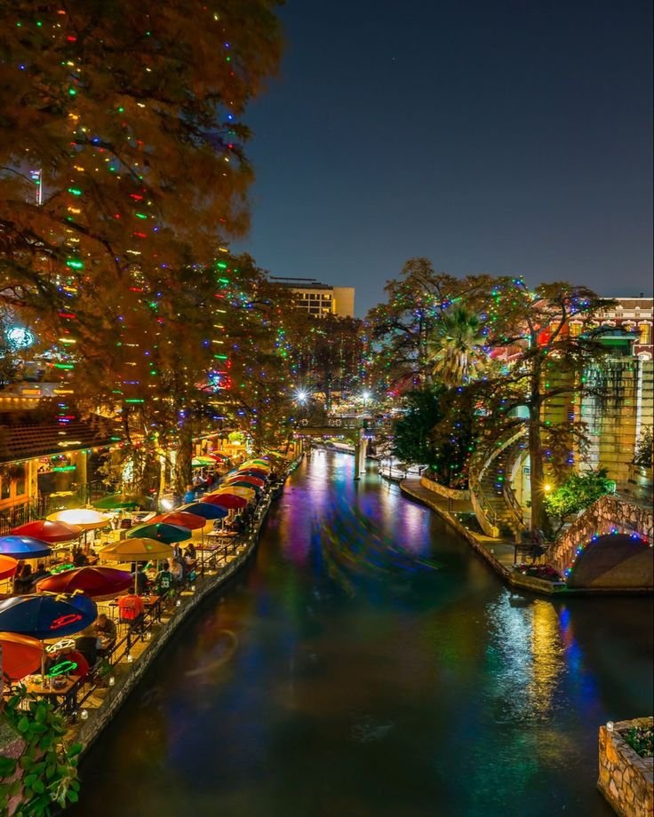 This may contain: the river is lit up with christmas lights
