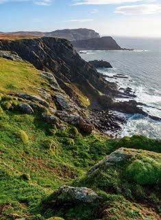 This may contain: green grass and rocks on the side of a cliff by the ocean with cliffs in the background