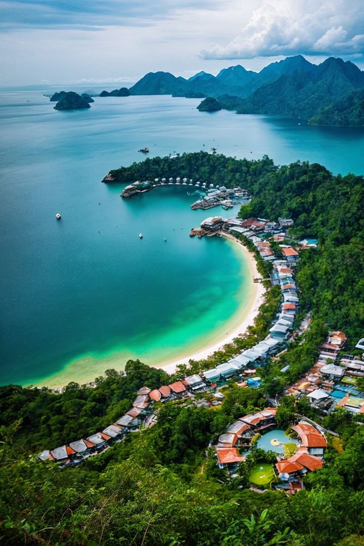 This contains: Discover the exquisite beauty of Langkawi Island. Captured with stunning detail and advanced visual effects, this landscape is a true masterpiece. Explore the sea, caves, and unique charm. A perfect travel destination!