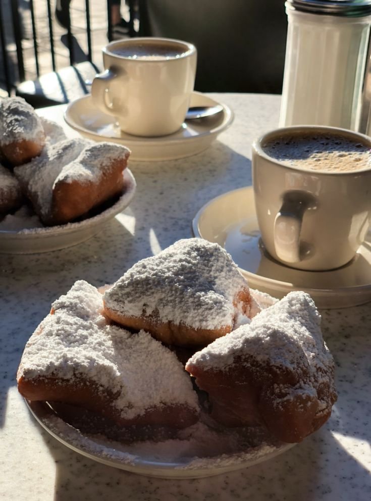 This may contain: two plates with powdered sugar covered pastries on them and cups of coffee in the background