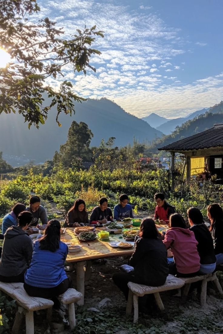 This may contain: a group of people sitting around a wooden table eating food on top of a field