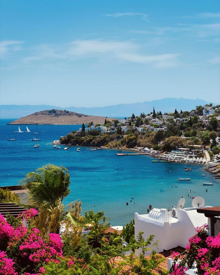 This may contain: boats are in the water near some buildings and flowers on the shore with mountains in the background