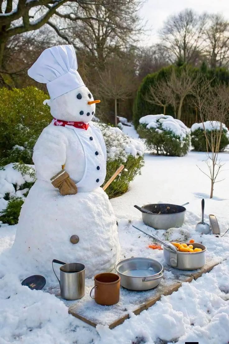 This may contain: a snowman made out of pots and pans in the snow