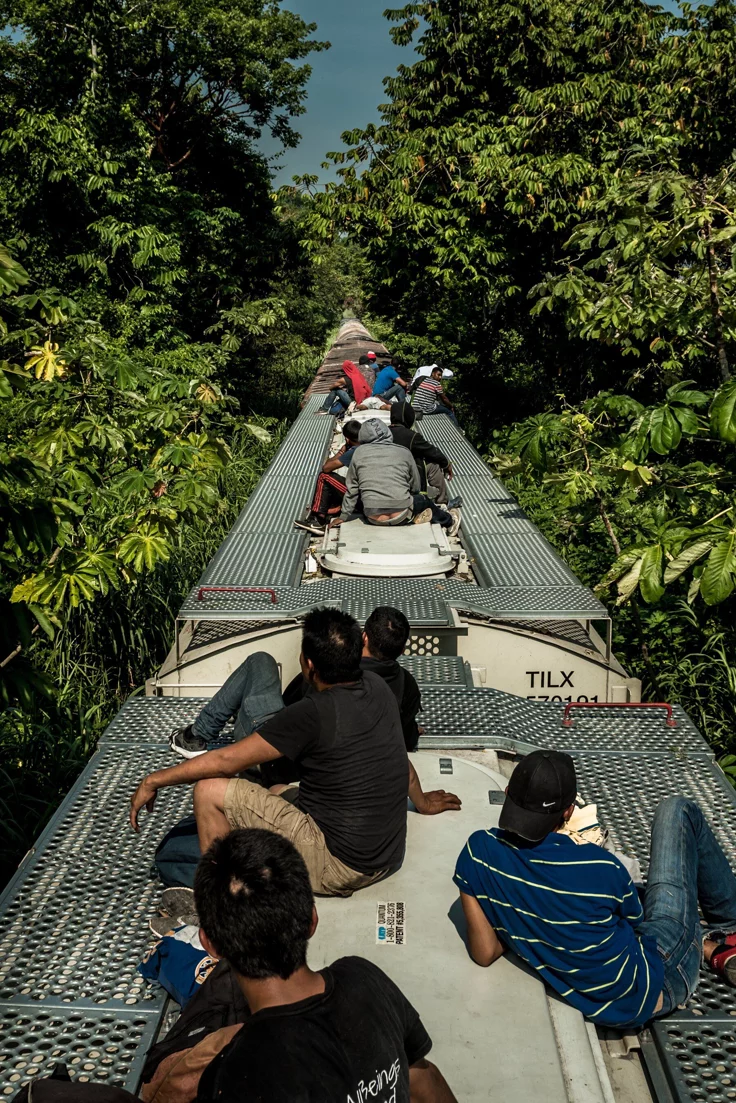 This may contain: several people are sitting on the edge of a long bridge in the jungle, looking down at them