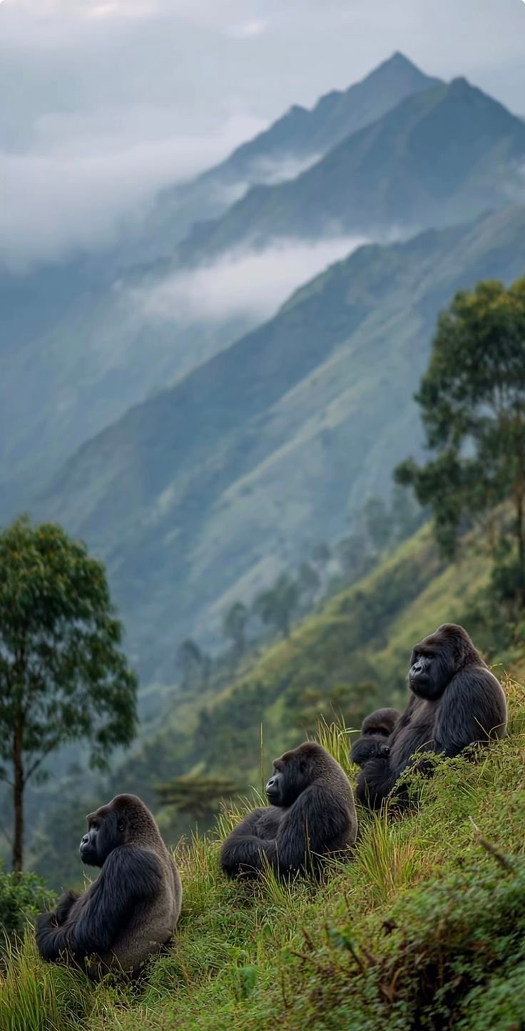 This may contain: three gorillas sitting on the side of a hill with trees and mountains in the background