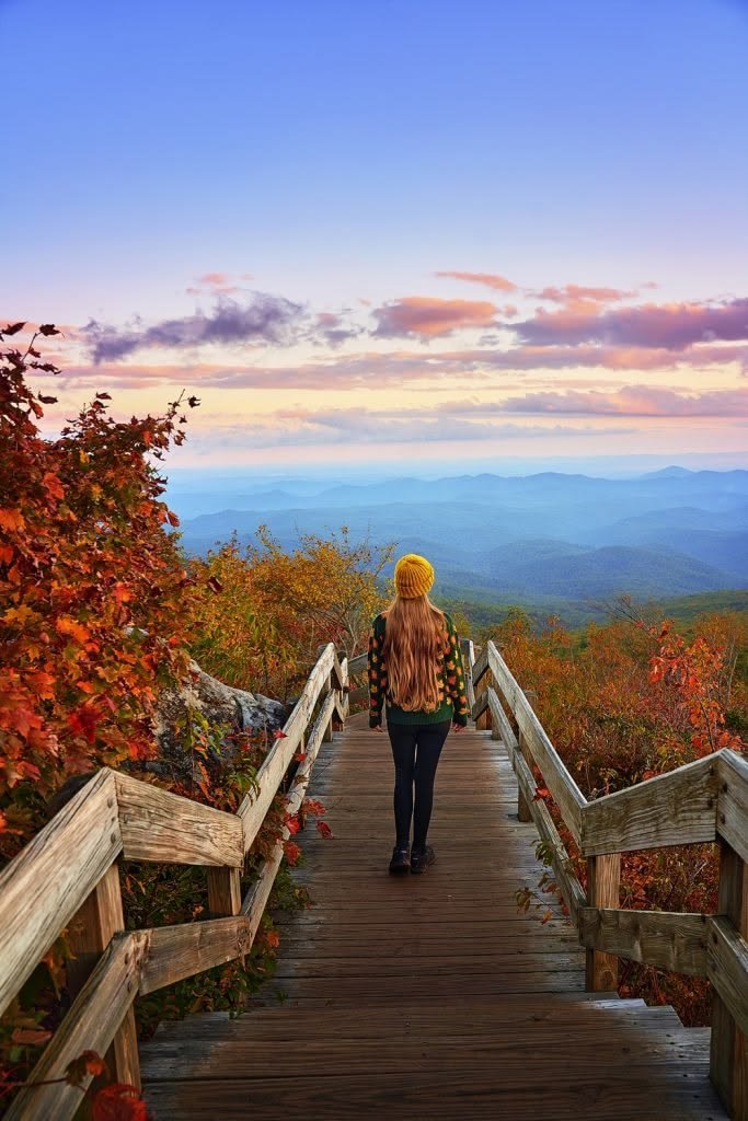 This may contain: a woman walking down a wooden walkway in the mountains with autumn foliage on both sides