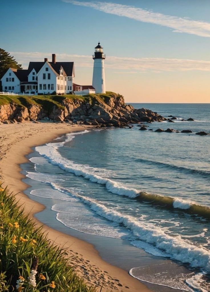 This may contain: a light house sitting on top of a cliff next to the ocean with waves coming in
