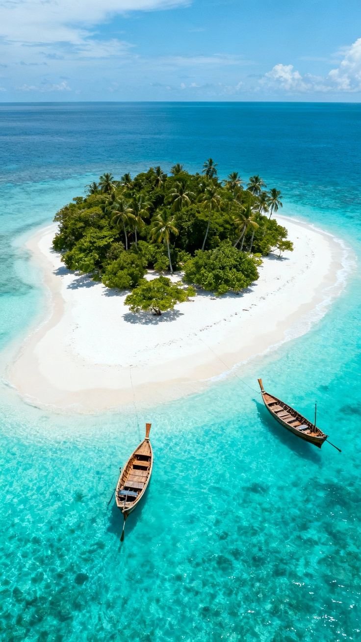 This may contain: two small boats are in the water near an island with palm trees and white sand