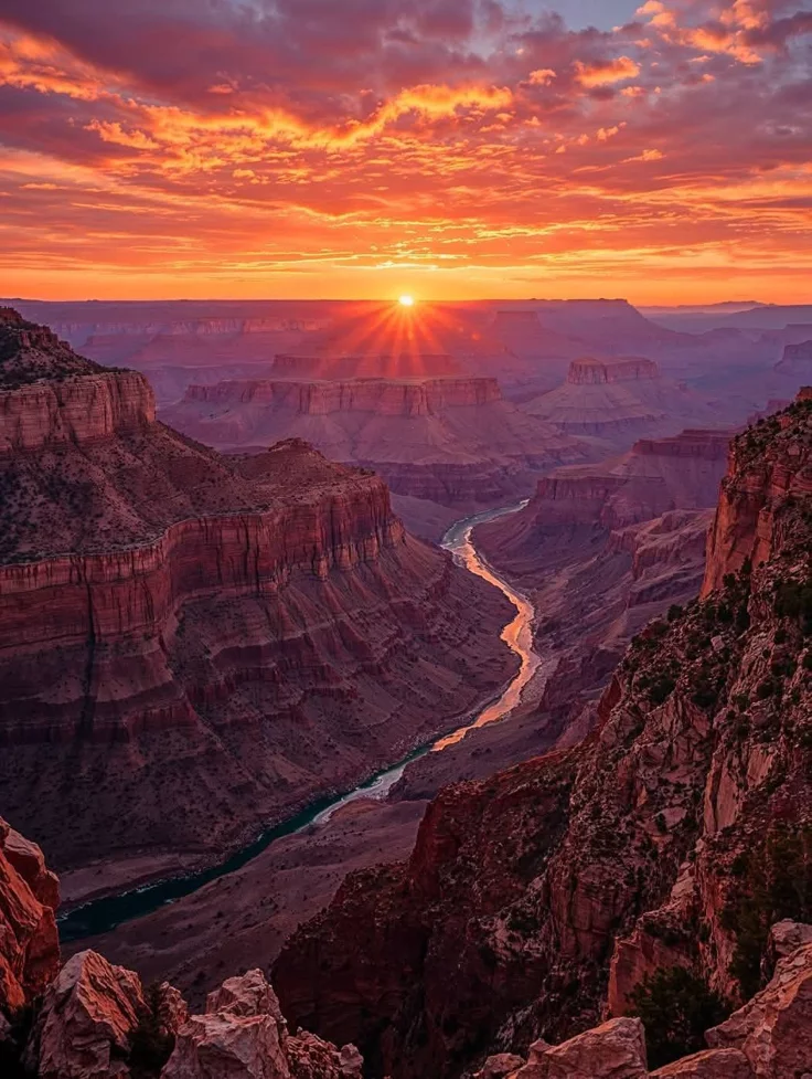 This may contain: the sun is setting over the canyon and river in the foreground, as seen from the rim of a cliff