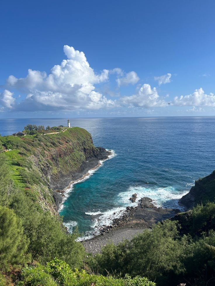 This may contain: a lighthouse on top of a cliff overlooking the ocean
