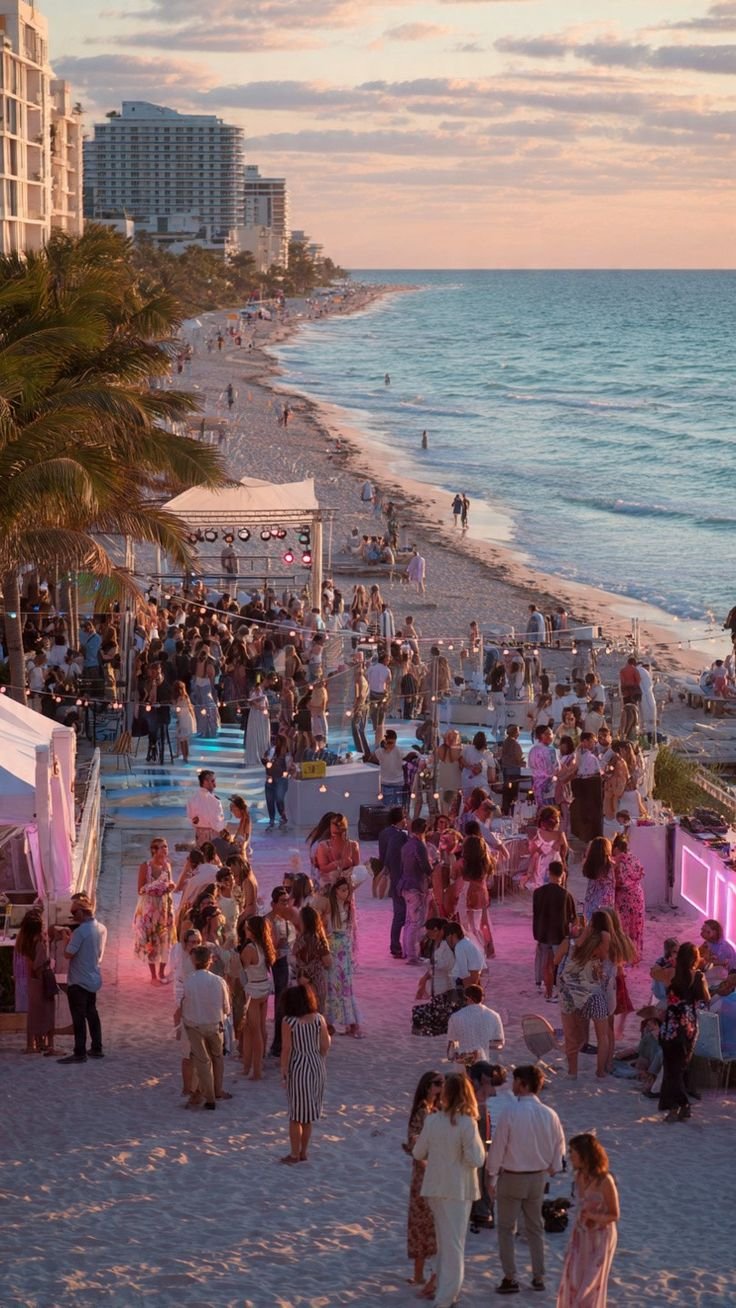 This may contain: a crowd of people standing on top of a sandy beach next to the ocean at sunset