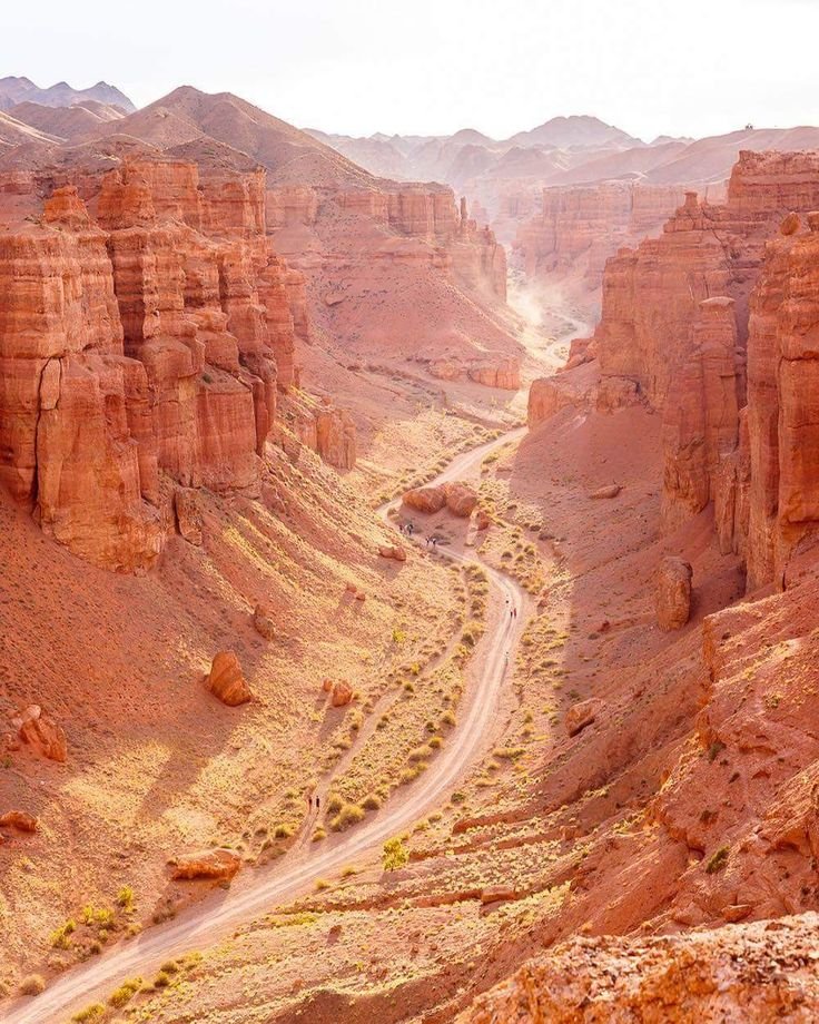 This may contain: a dirt road in the middle of some rocky hills and canyons with trees on each side