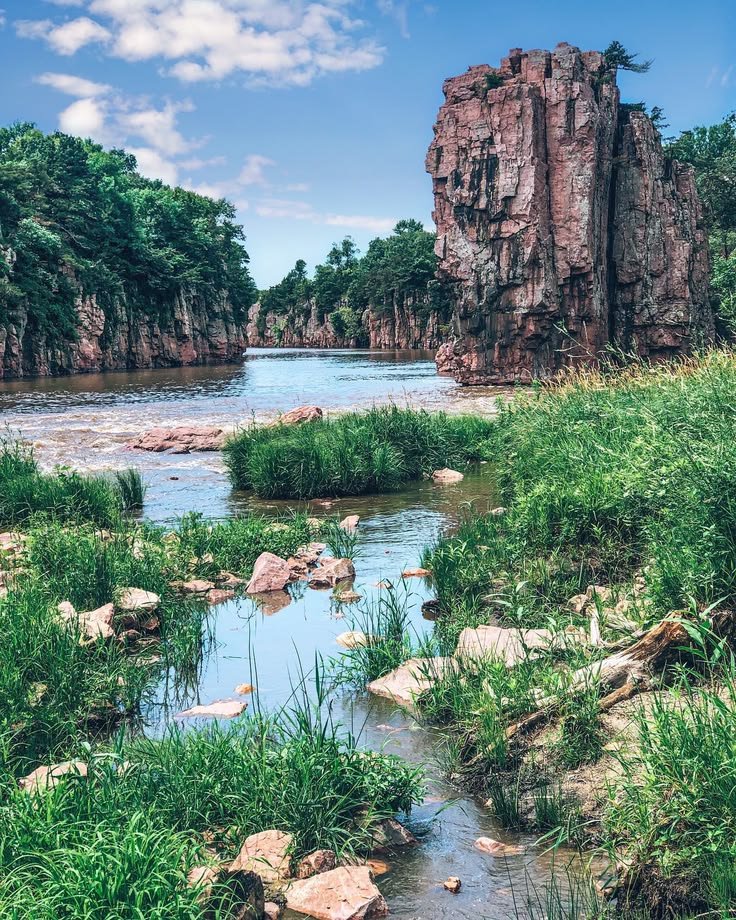 This may contain: a river running through a lush green forest next to tall rock formations in the distance