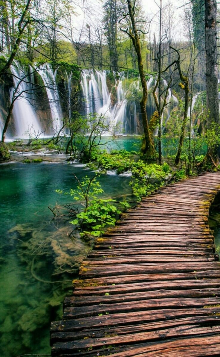 This may contain: a wooden bridge crossing over a river in front of a waterfall with water cascading
