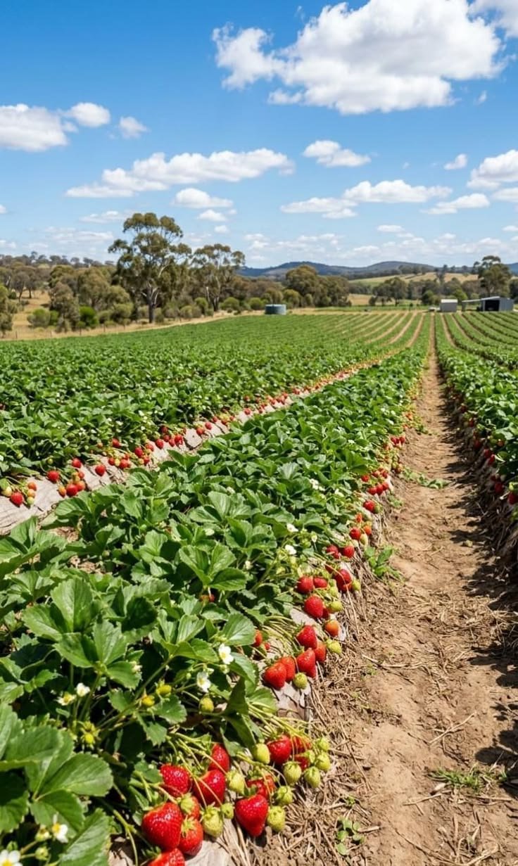 This may contain: rows of strawberries growing in an open field