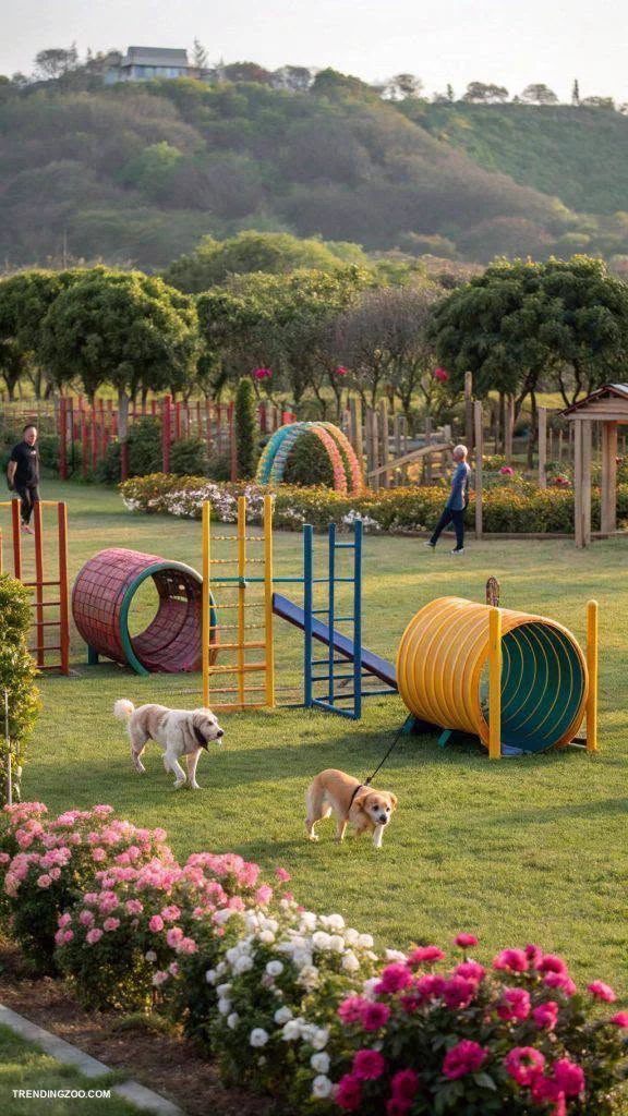 This may contain: two dogs are walking in the grass near a playground set with slide and climbing equipment