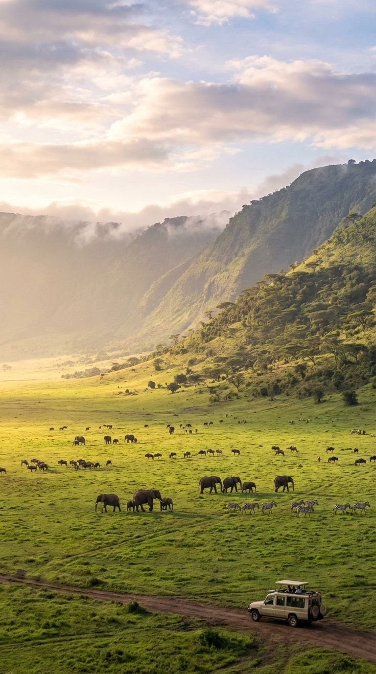 The Crater That Holds a World
A collapsed volcanic caldera shelters dense wildlife populations, forming one of Africa’s most extraordinary natural sanctuaries within towering crater walls