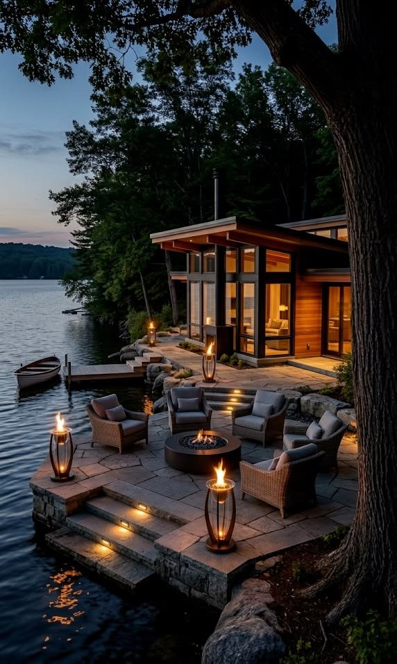 This contains: A modern lakeside cabin at twilight with a glowing fire pit surrounded by woven chairs on a stone patio right at the water's edge. Modern torches light the scene, reflecting on the calm river.

Mindful living
Quiet luxury
Slow living aesthetic
Peaceful retreat
Moody nature photography
