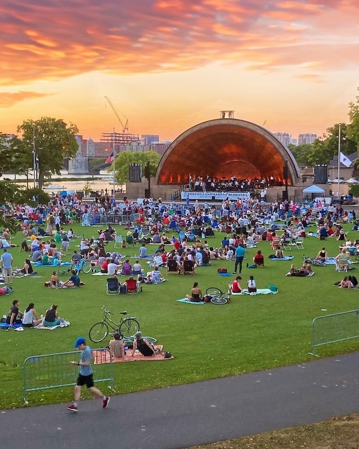 This may contain: many people are sitting on the grass in front of an outdoor concert stage at sunset