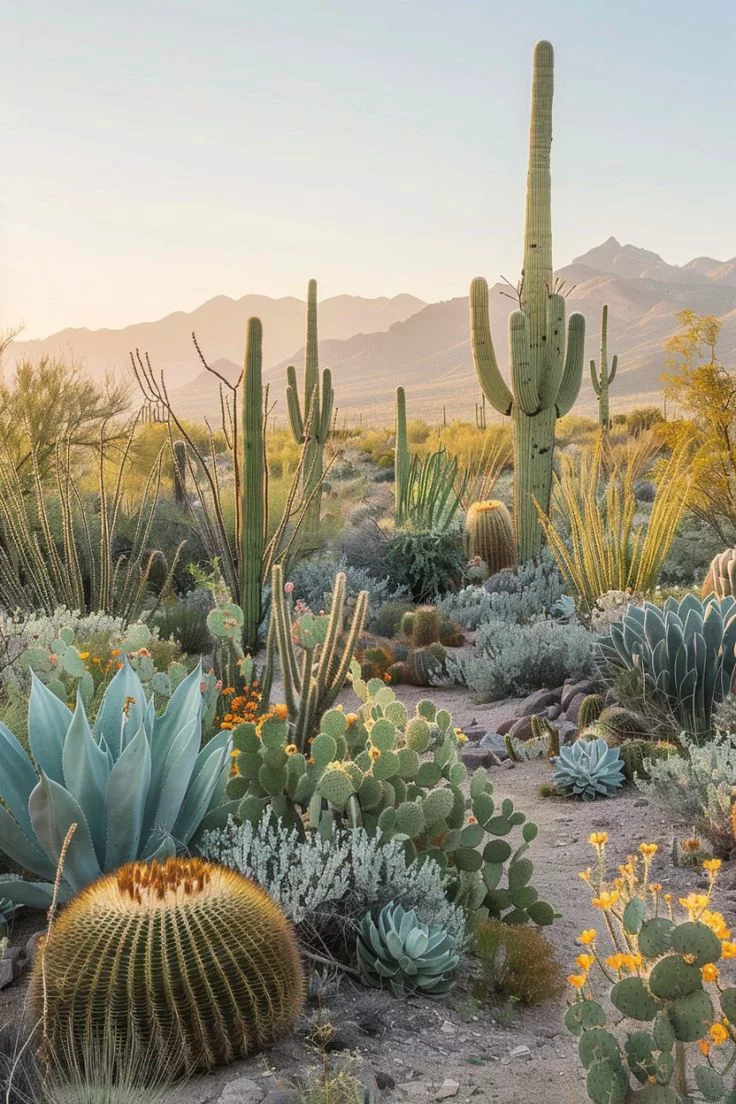 This may contain: many different kinds of cactus in the desert
