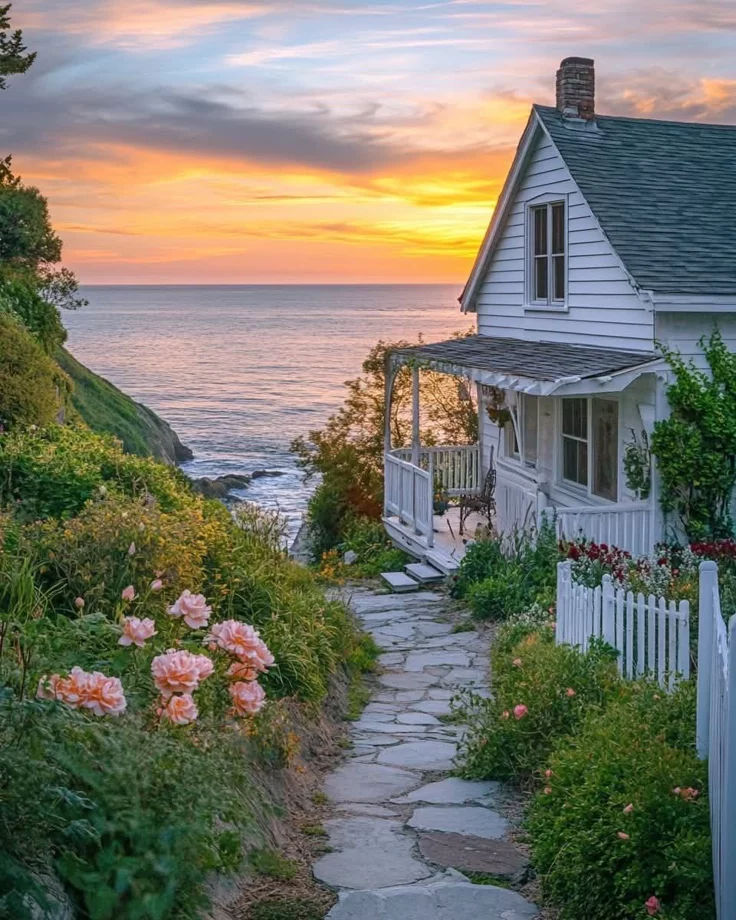 This may contain: a white house sitting on top of a lush green hillside next to the ocean at sunset