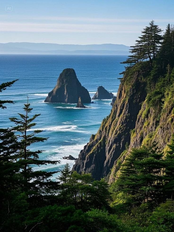 This may contain: the ocean is surrounded by large rocks and pine trees on the side of the cliff