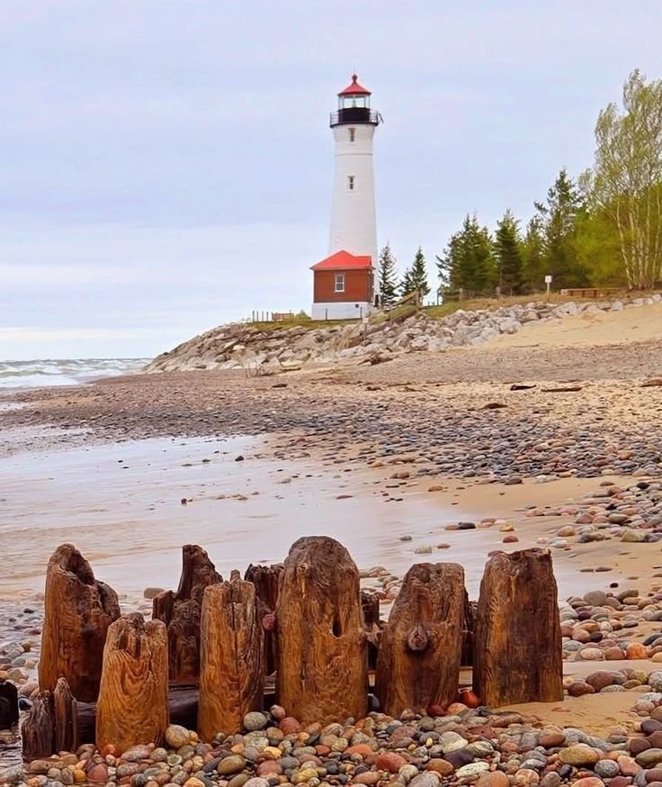 This may contain: a light house sitting on top of a sandy beach next to the ocean and trees