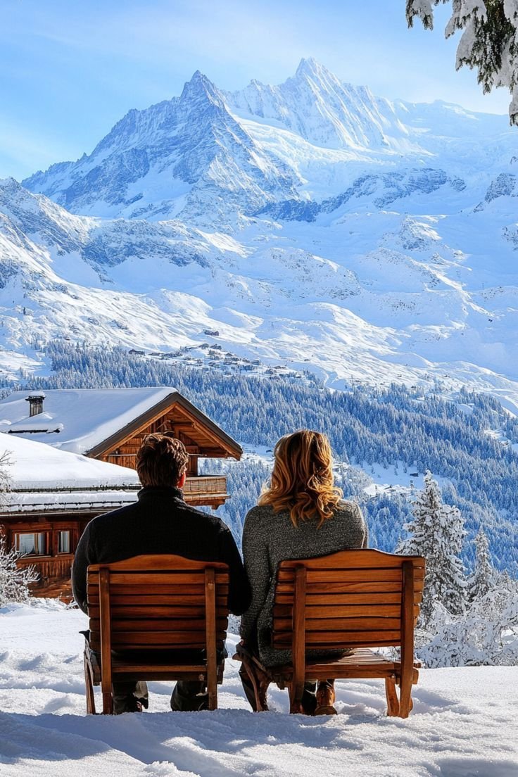 This may contain: two people are sitting on a bench looking at the mountains and snow covered hills behind them