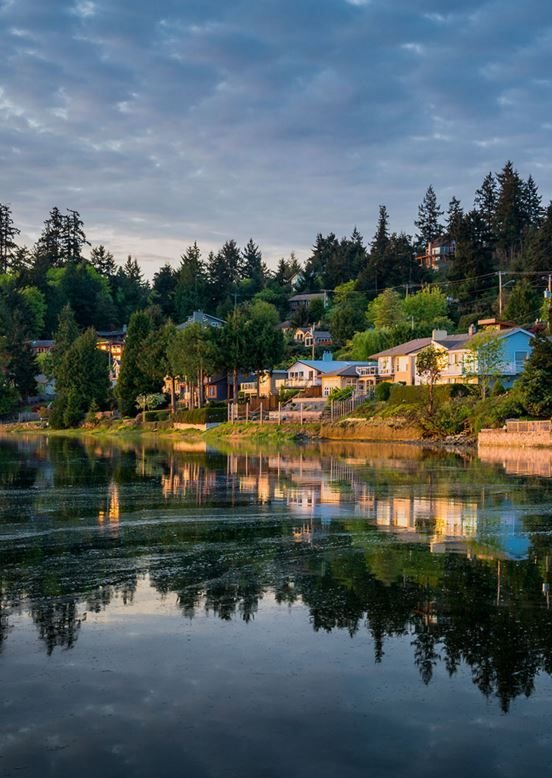This may contain: a body of water surrounded by trees and houses