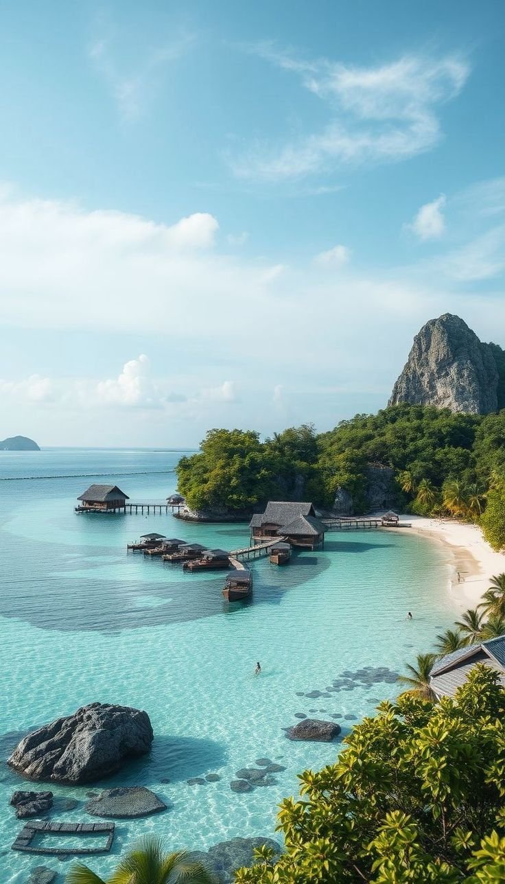 This may contain: the water is crystal blue and clear with some huts on it's sides, surrounded by greenery