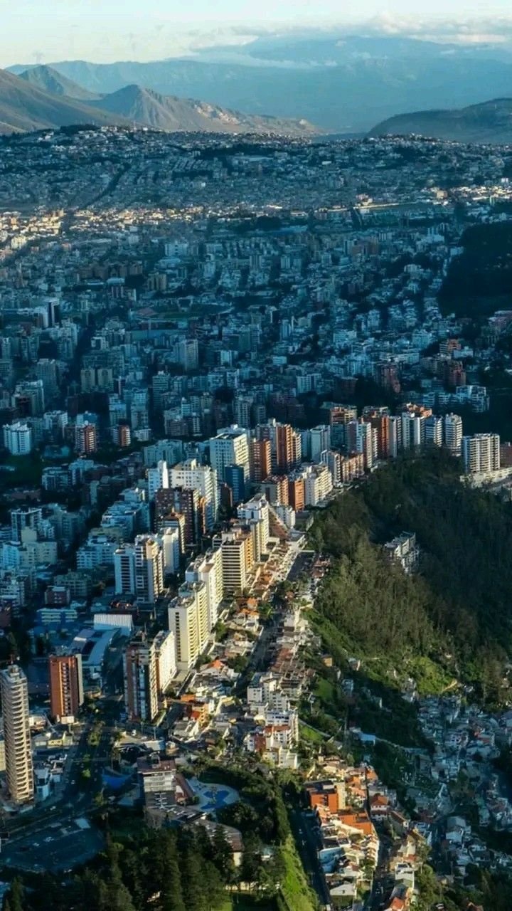 This may contain: an aerial view of a city with tall buildings and mountains in the backgroud